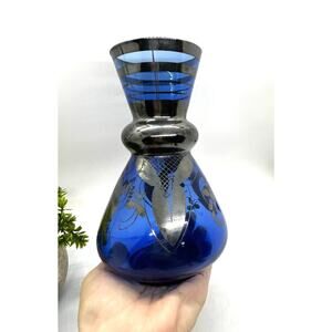 Vintage Bohemian Cobalt Blue Glass Vase With Silver Overlay Floral Design